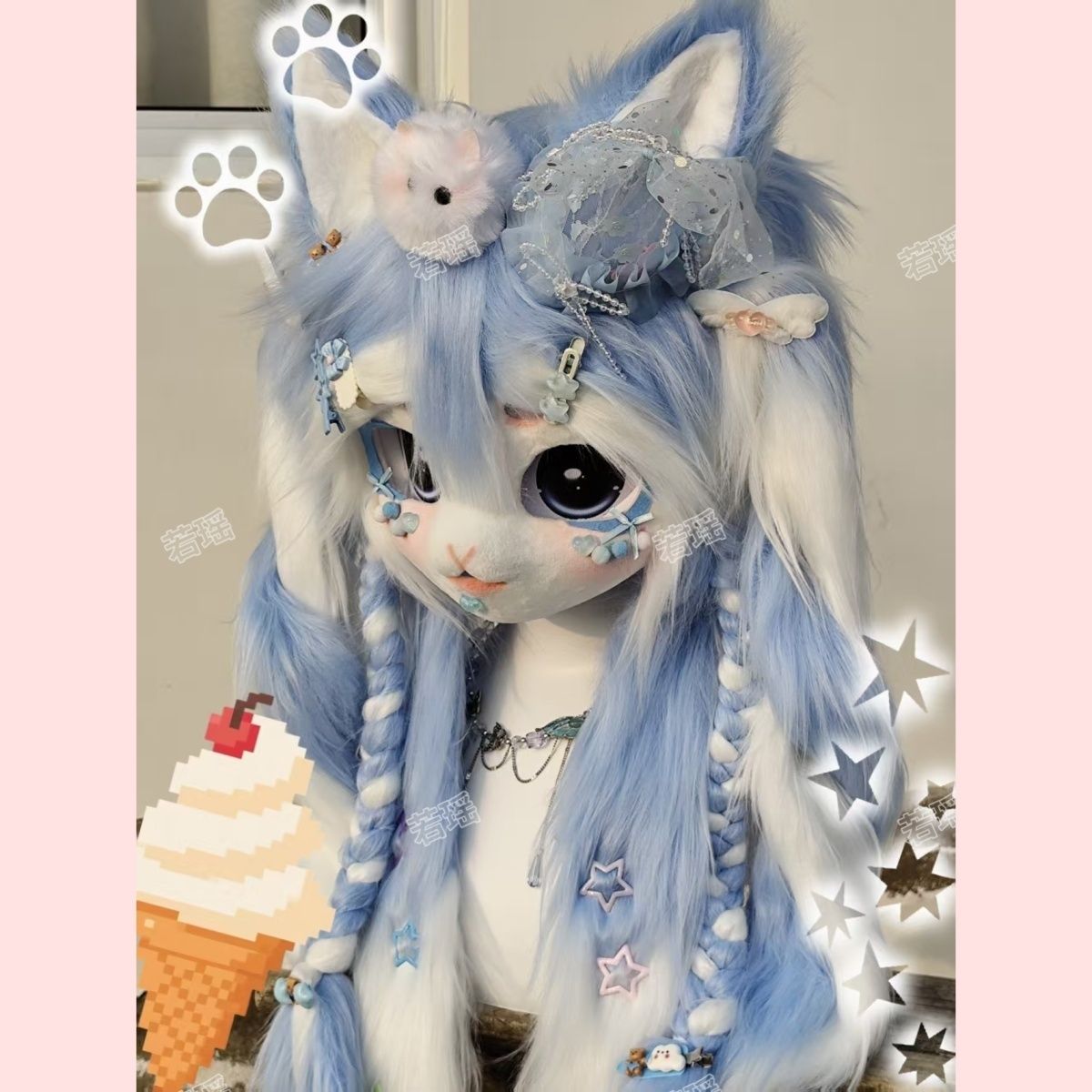 Cosplay Prop Designer - カスタム OC デザイン猫ケモノ毛皮スーツヘッド手作りレース装飾ロリータ毛皮マスクハロウィンコスプレ小道具
